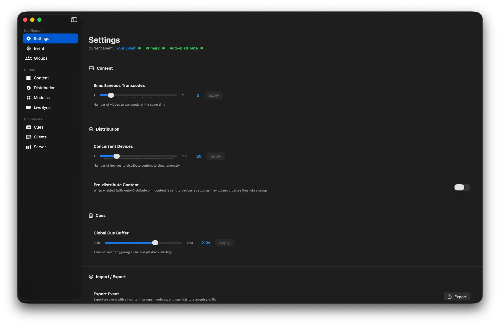 Settings - Content and Distribution