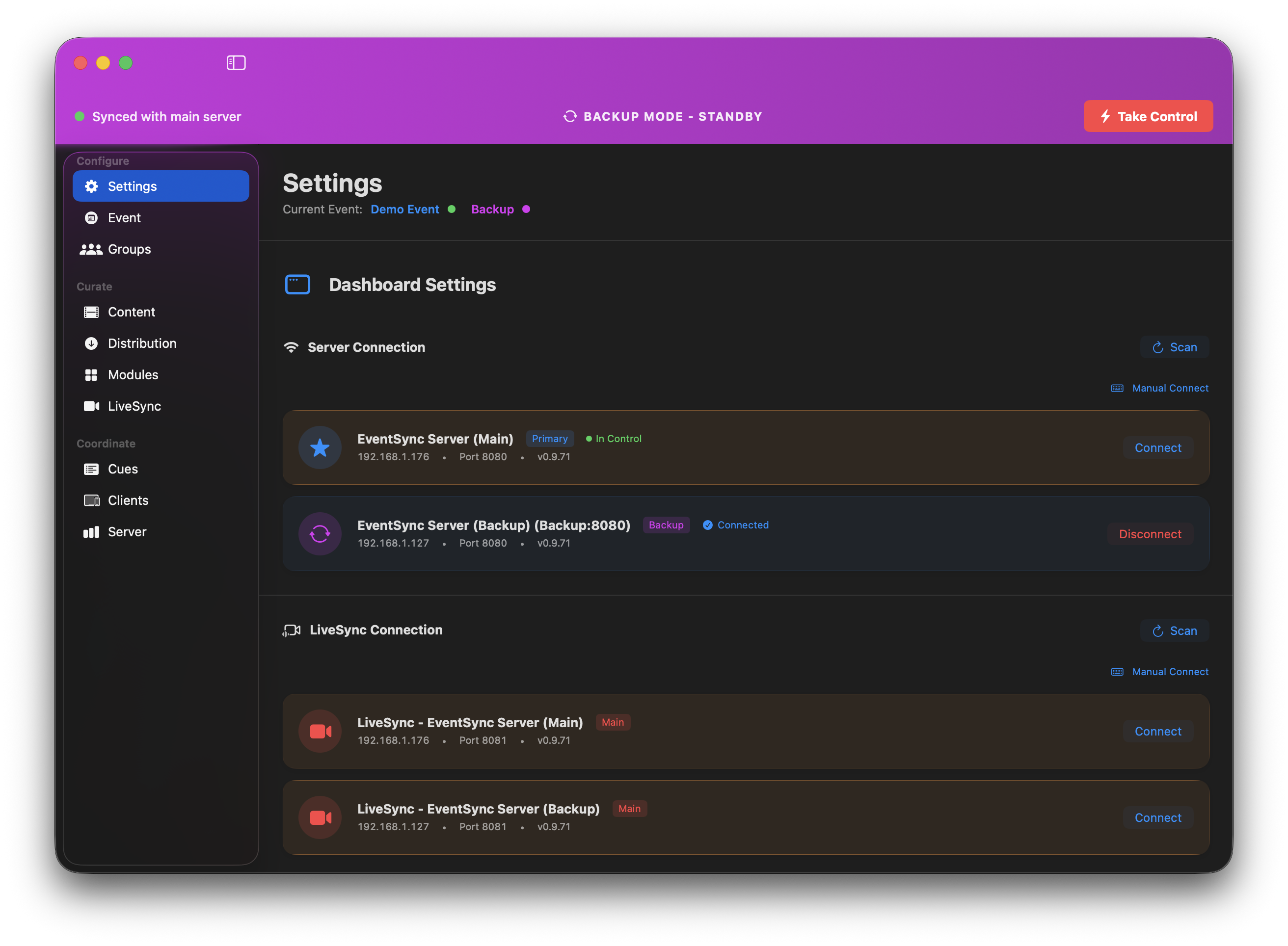 Dashboard connected to Backup in standby