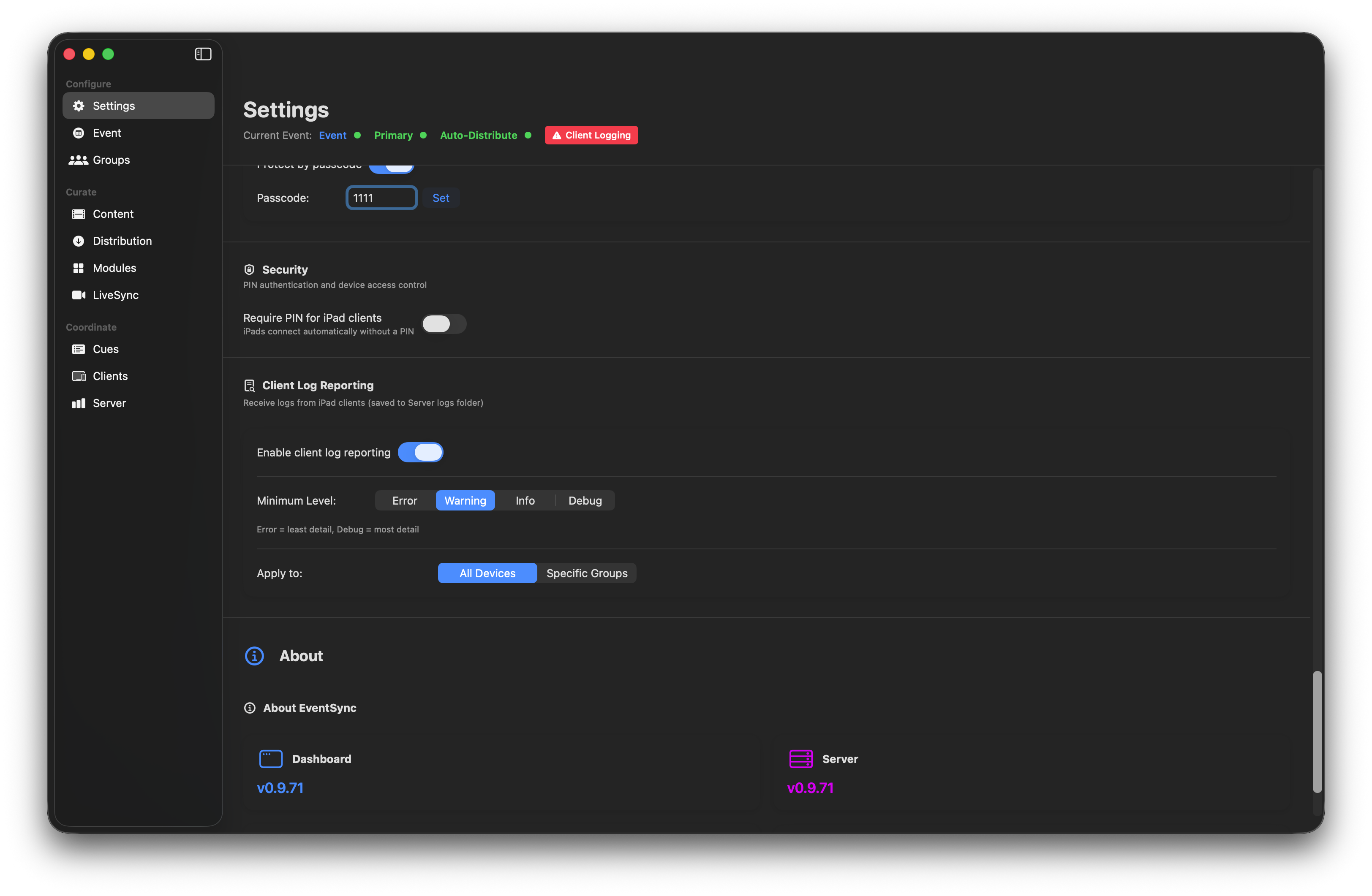 Client log reporting enabled