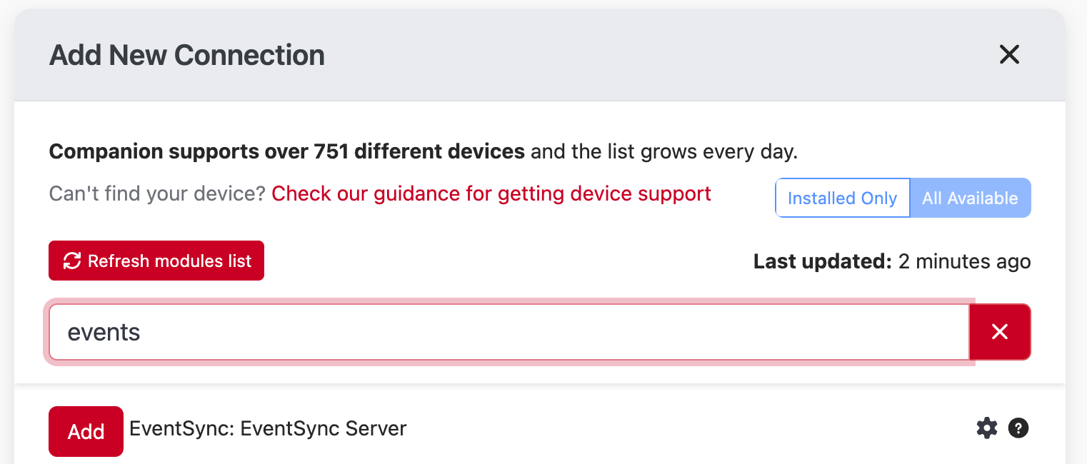 Companion — Add New Connection, EventSync module