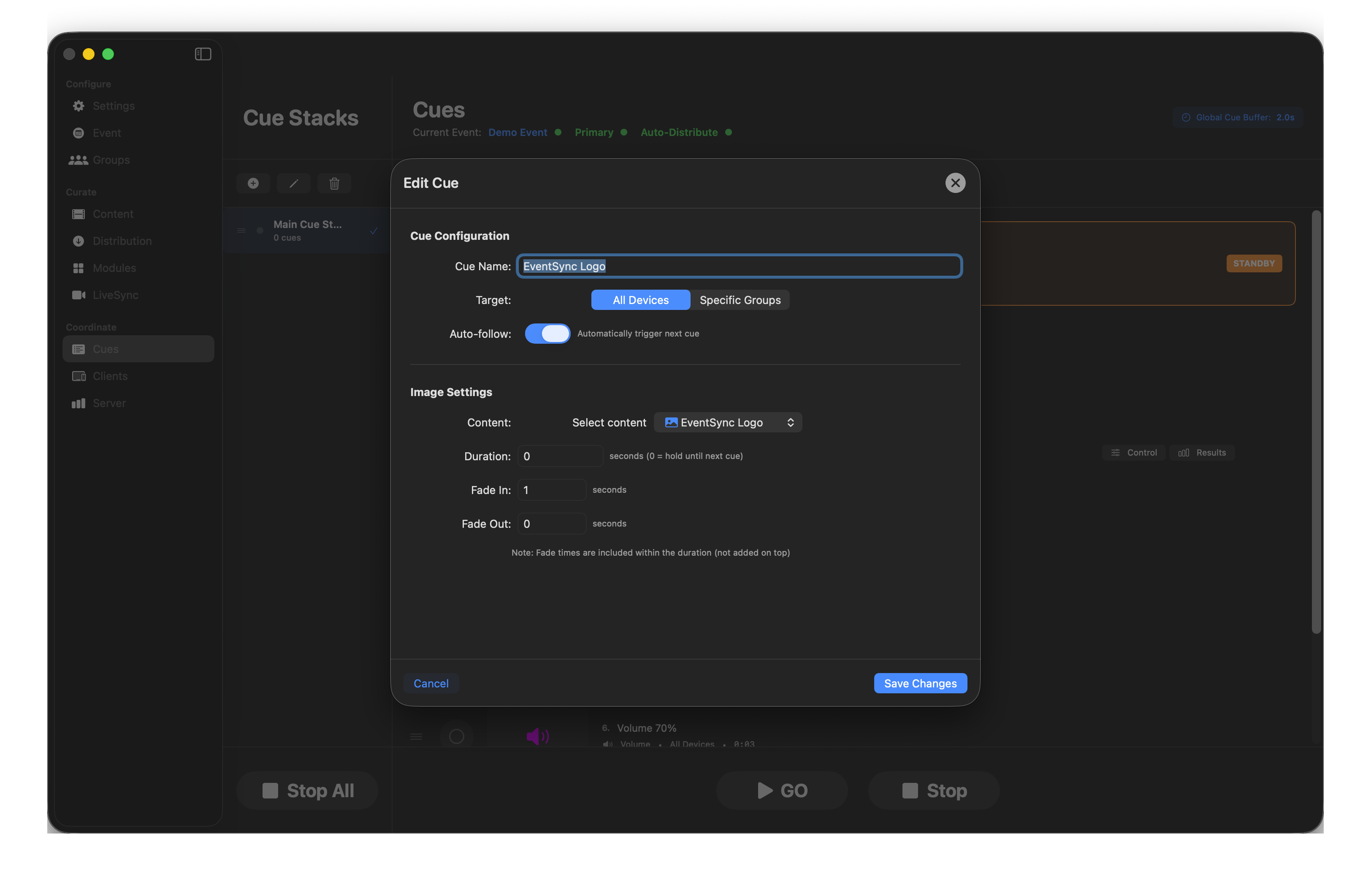 Edit Cue dialog with Auto-follow on