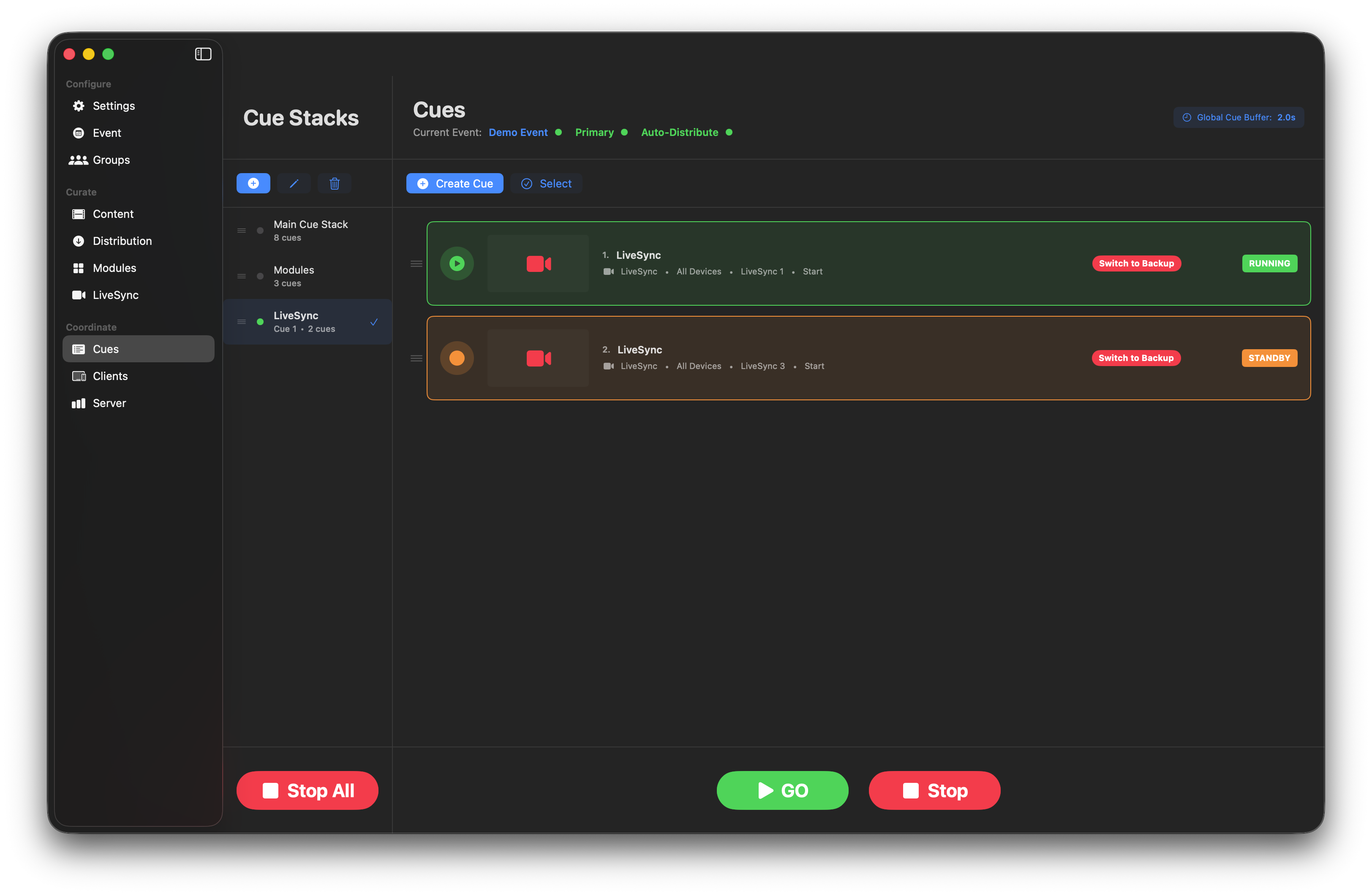 LiveSync cues showing Switch to Backup buttons