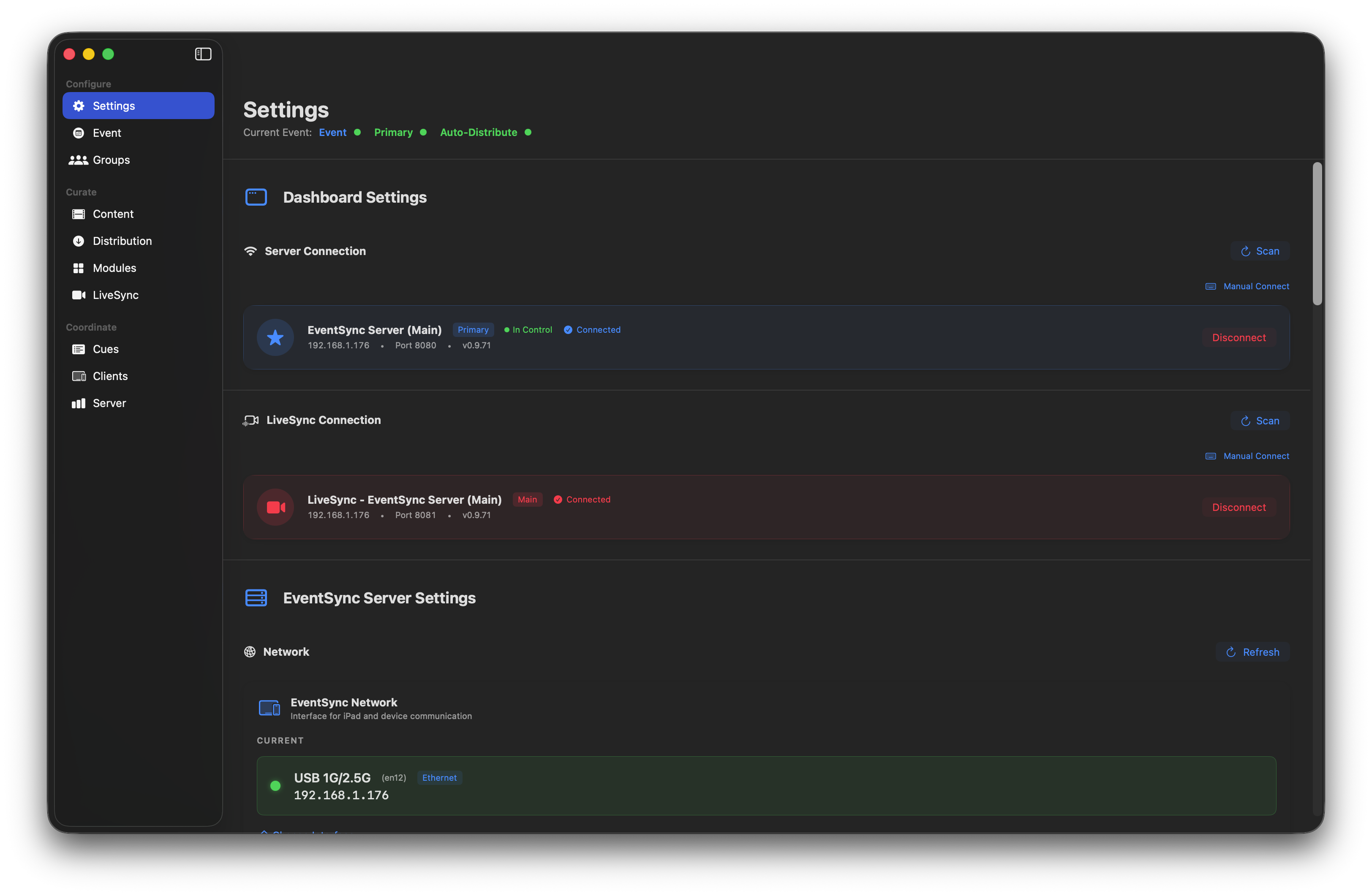 Dashboard connected to both servers