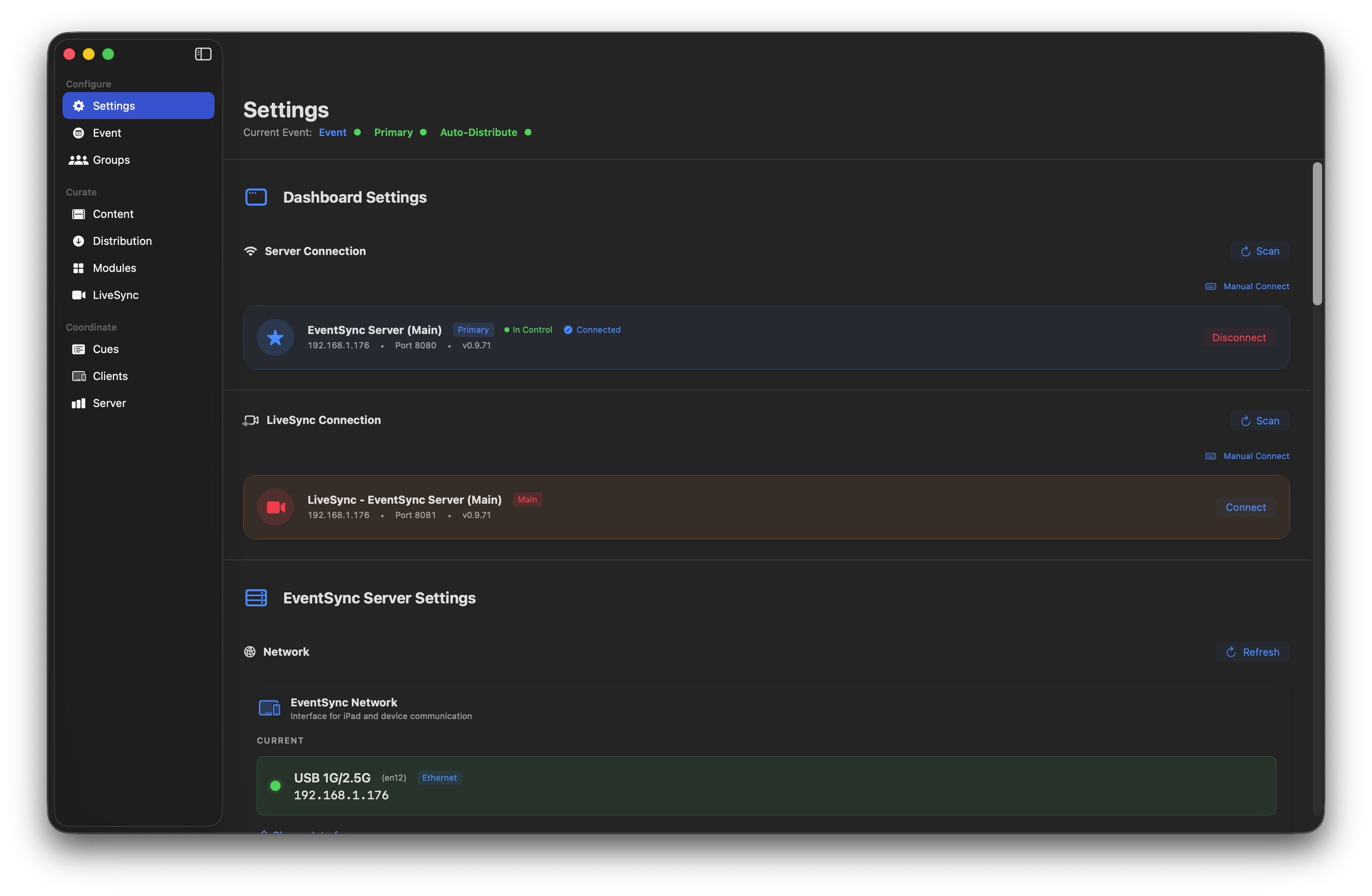 Dashboard connected to main server