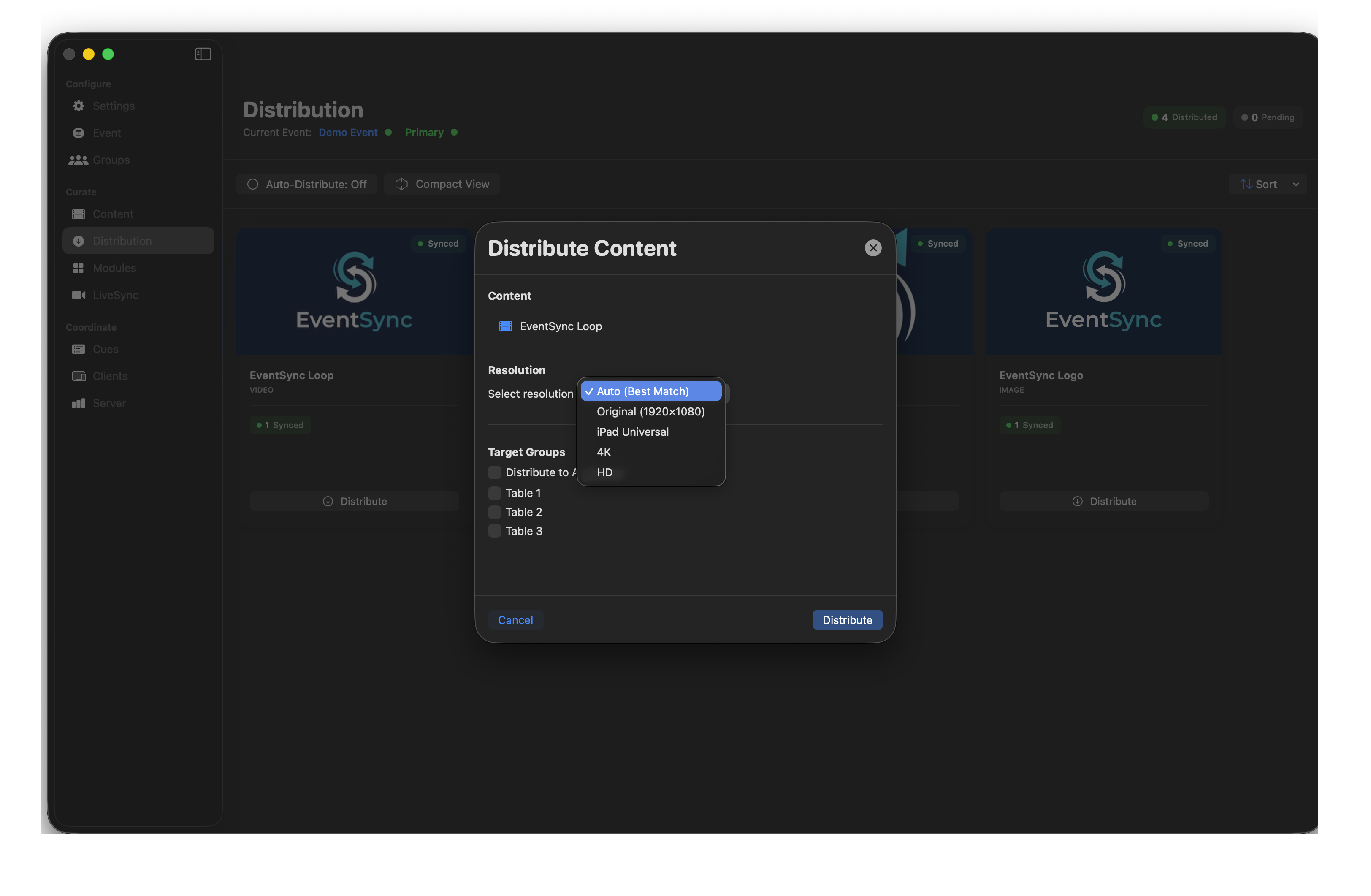 Distribute — resolution picker