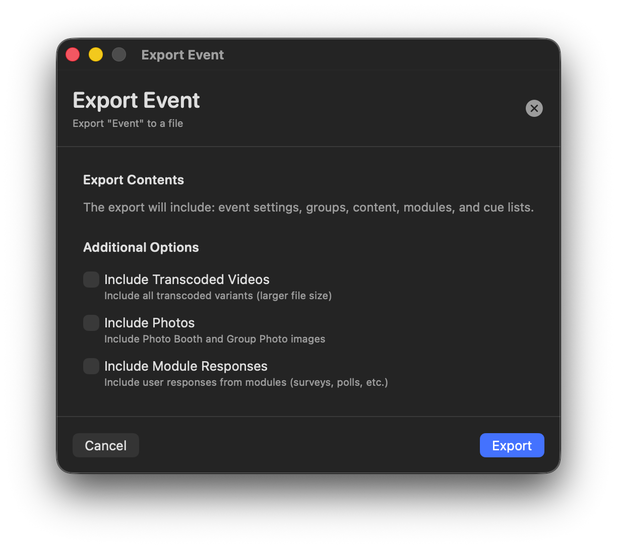 Export Event options