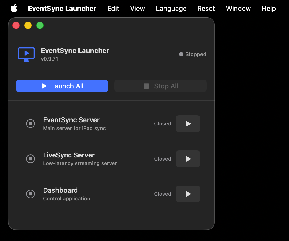 EventSync Launcher, all services stopped