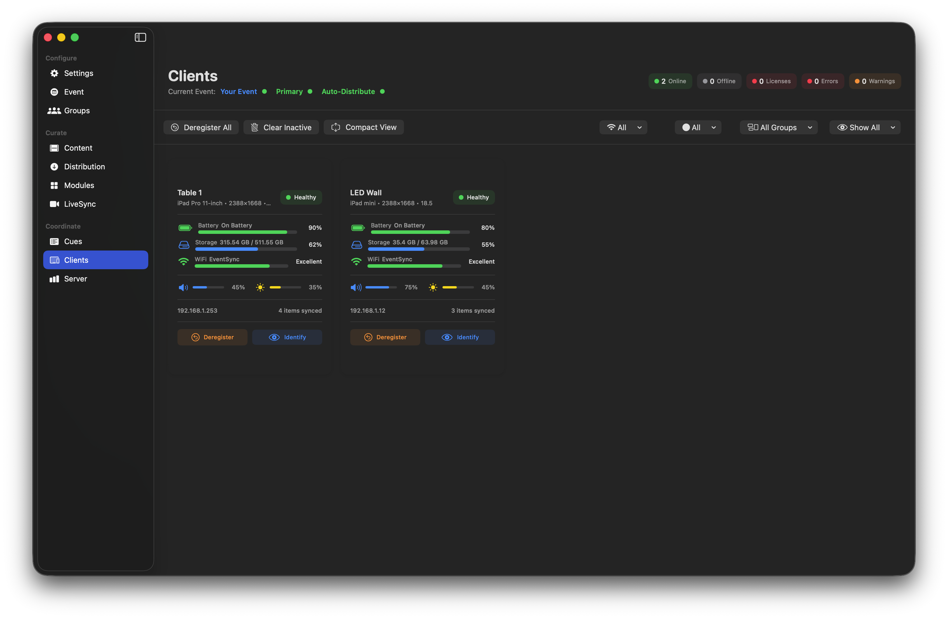 EventSync Dashboard showing connected iPads with health status, battery levels, and sync state