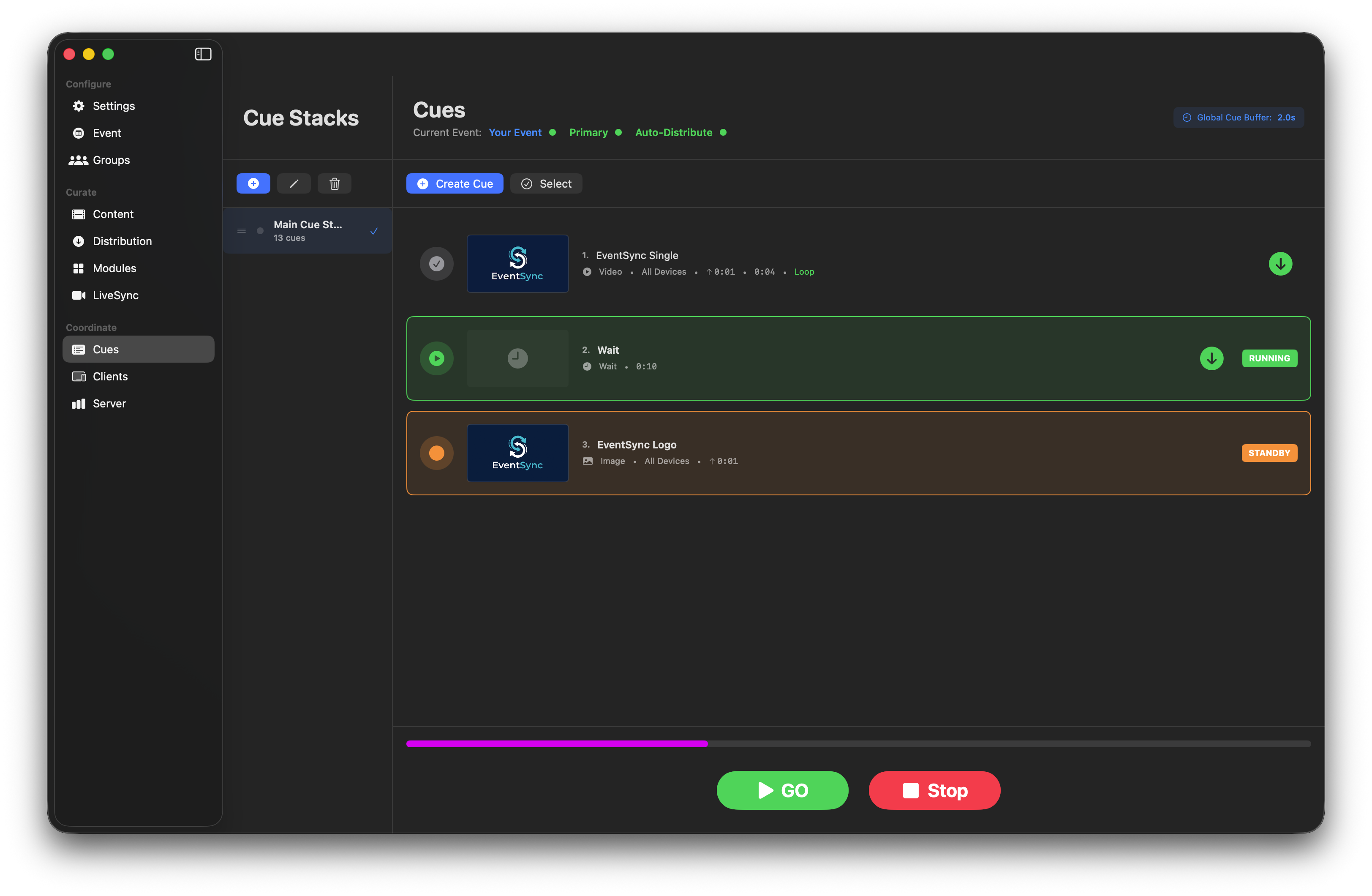 EventSync Cues view showing active cue playback with progress