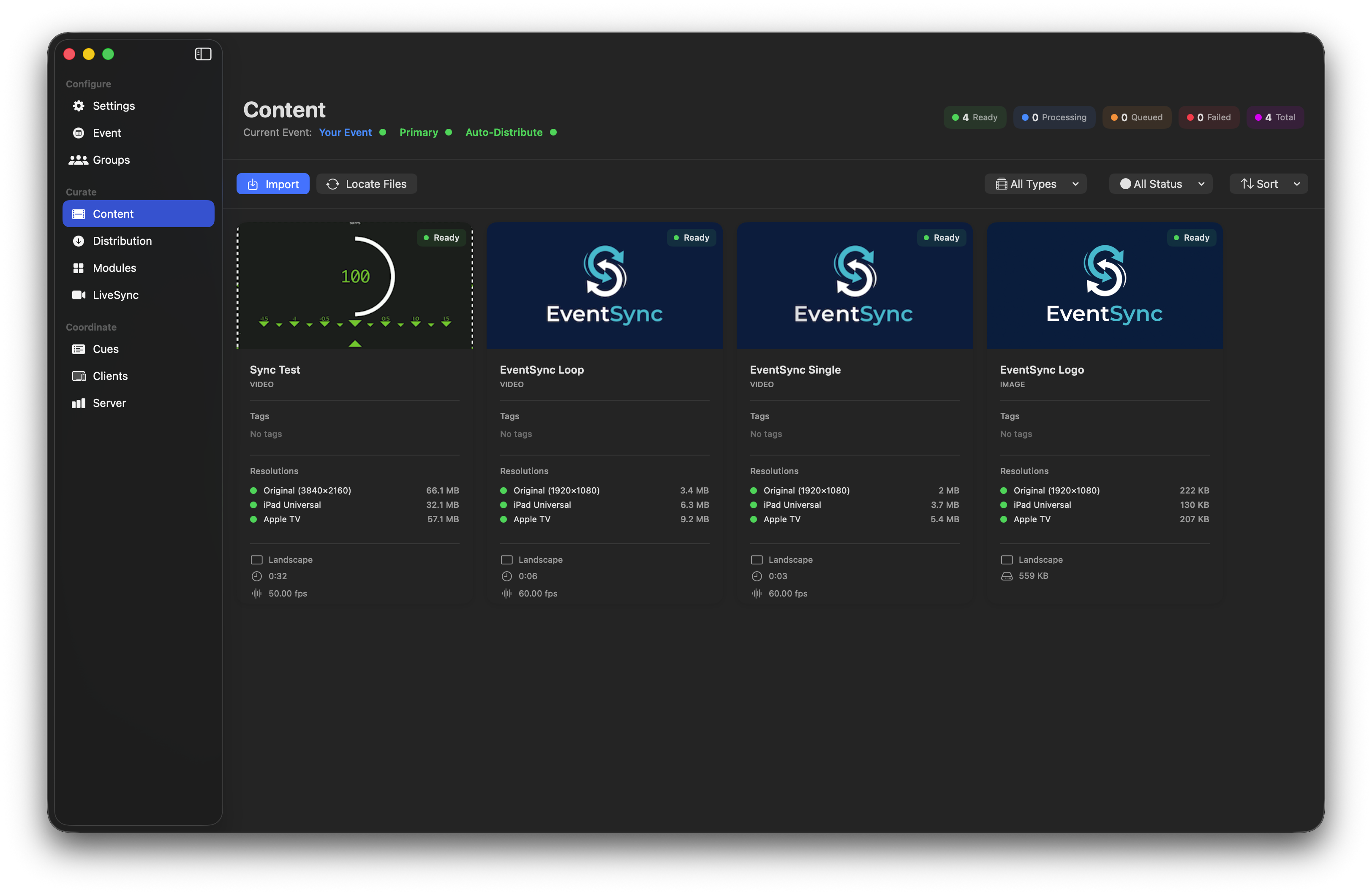 EventSync Distribution view showing content synced to all devices