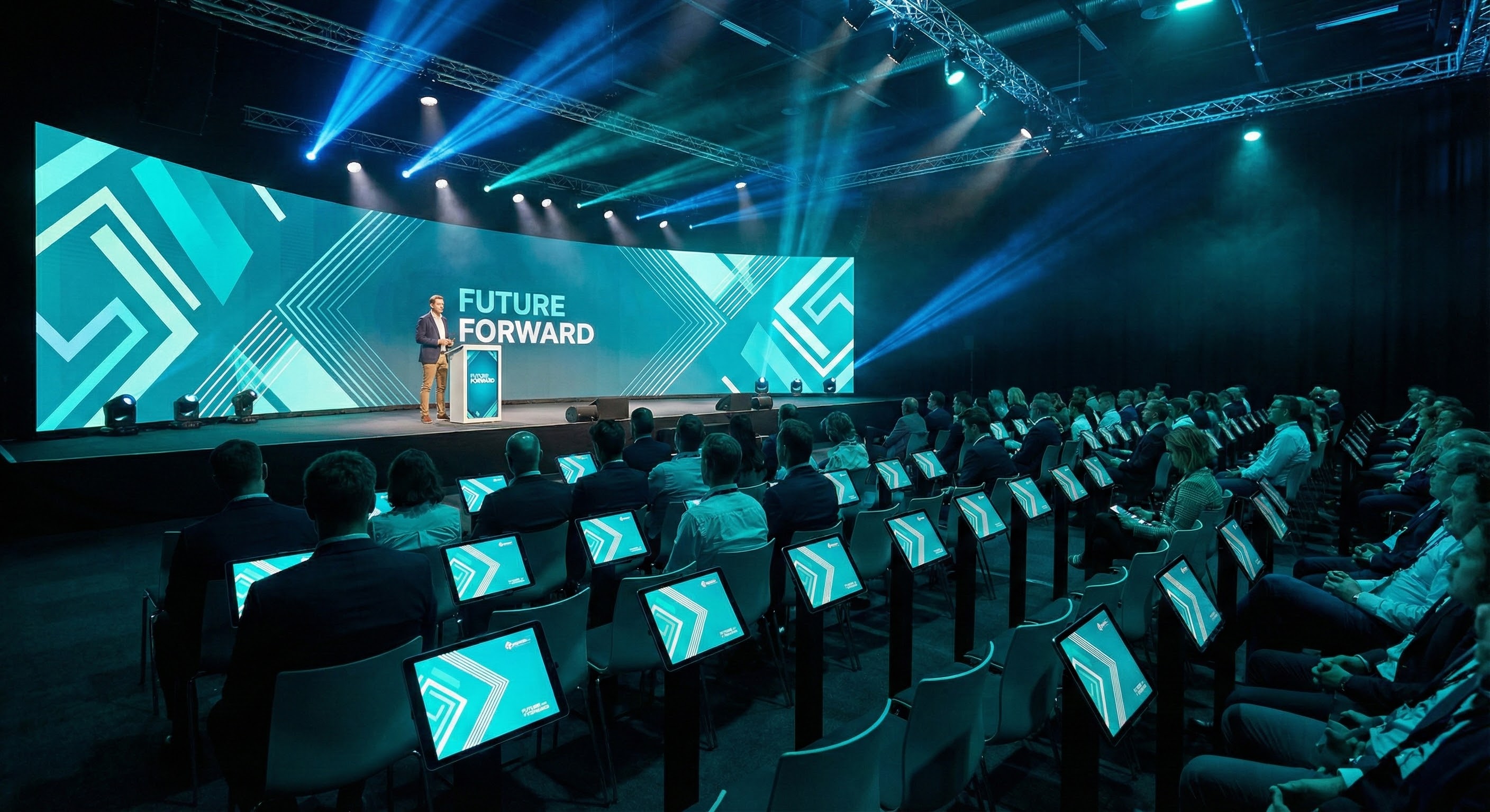 Corporate conference with synchronized displays